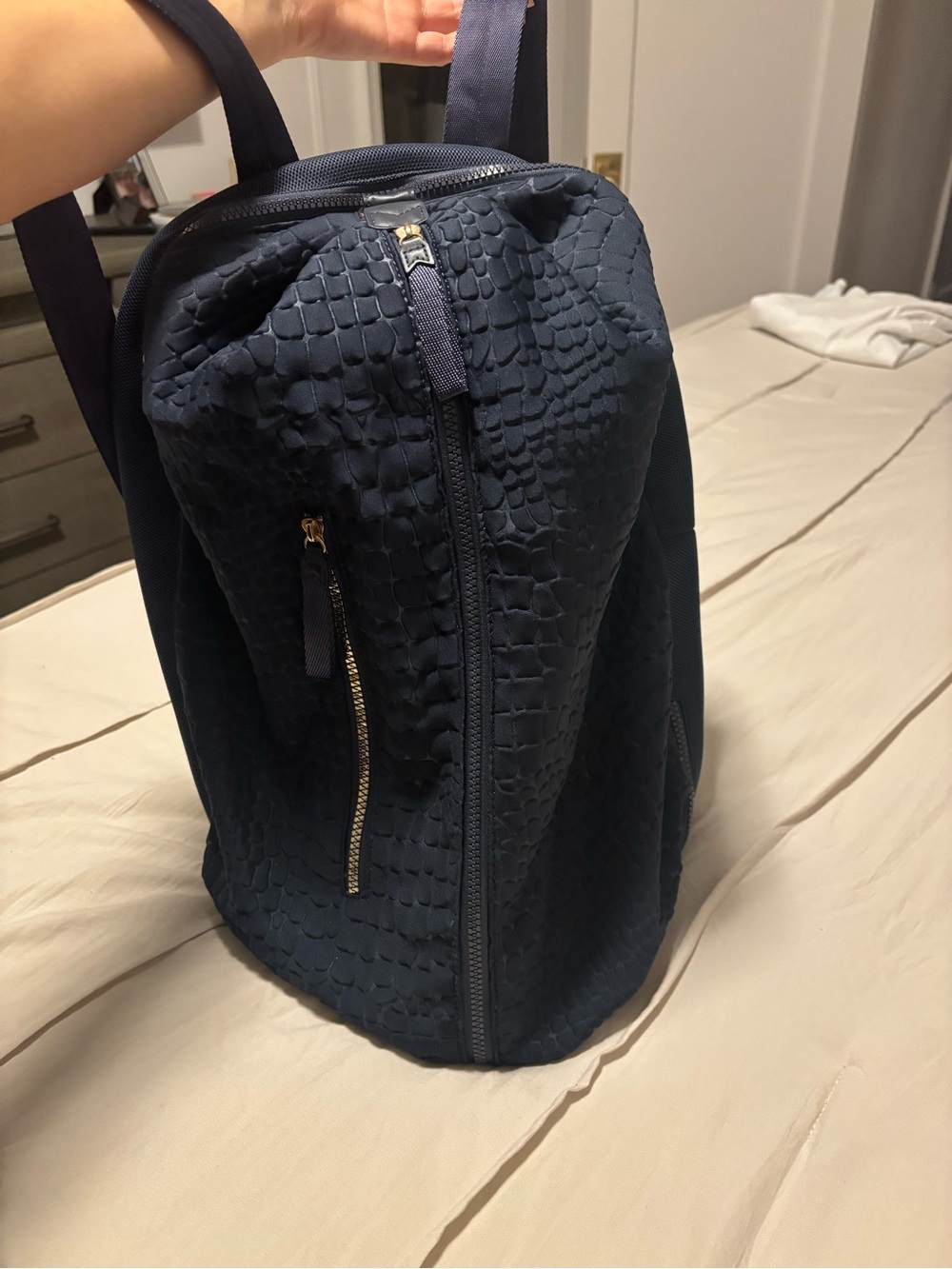 Stella & Dot Textured Navy Backpack with Front Zip Pocket